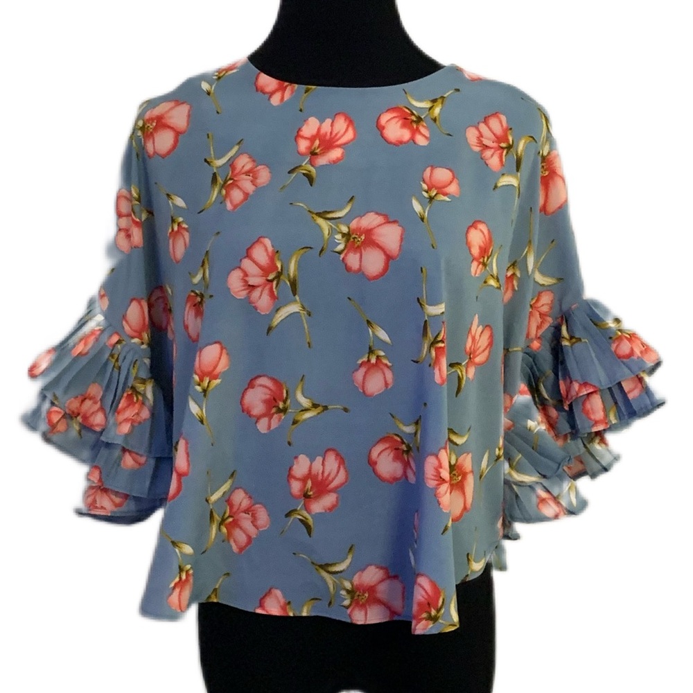 Sheln SZ L Floral Pleated Flutter Sleeve Blouse | NWOT